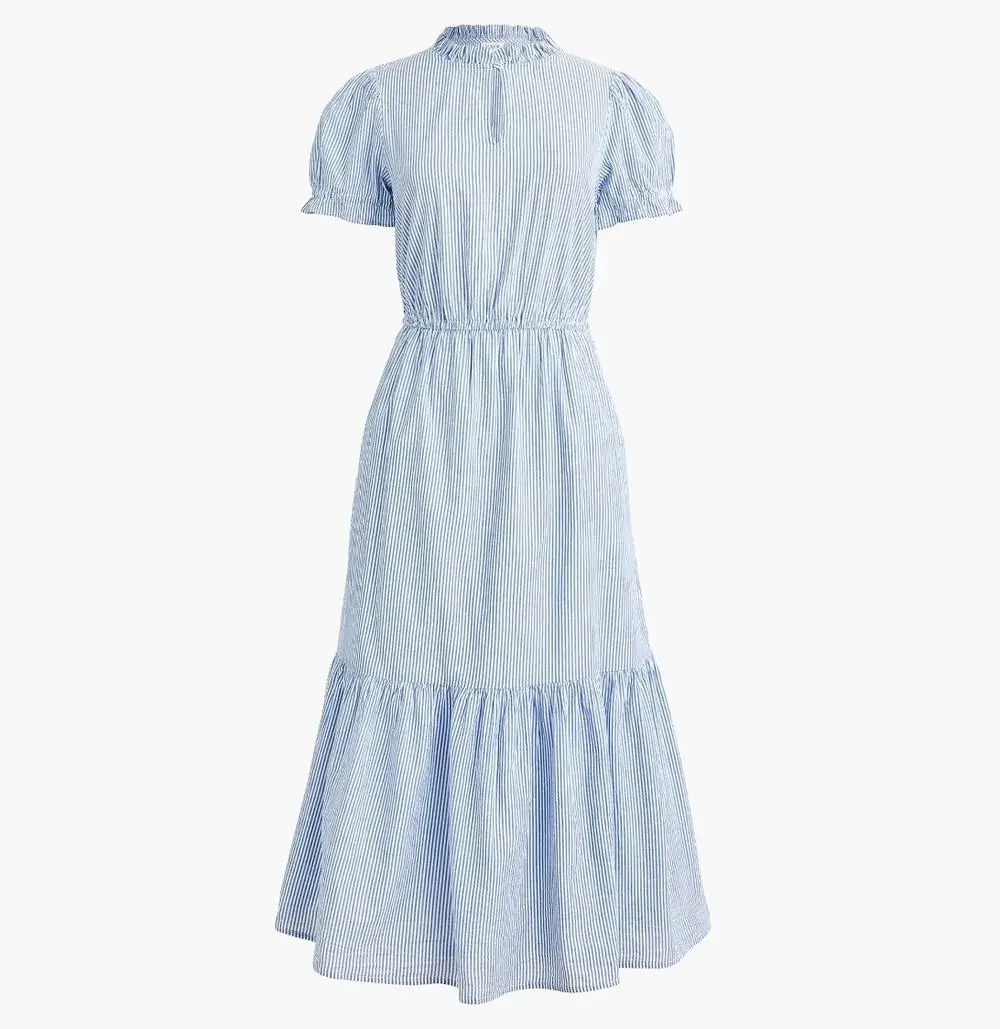 J.Crew Striped Ruffleneck Puff Sleeve Midi Dress Cotton White Blue US 8 NWT
